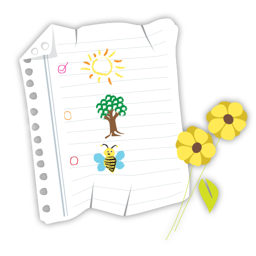 flowers and a piece of paper with drawings of the sun, a tree, and a bee