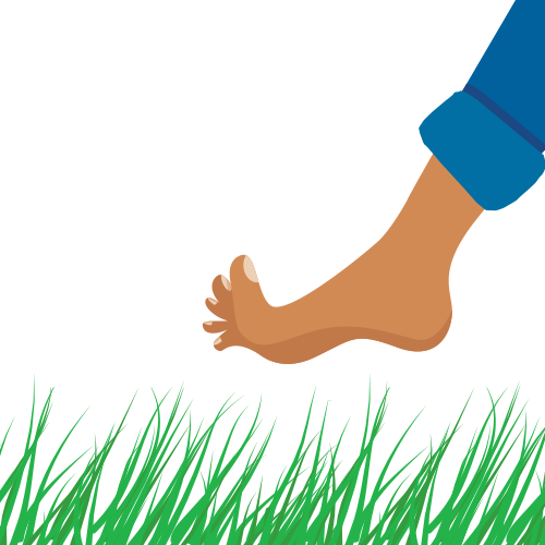 A close-up of a foot about to tread on grass. 