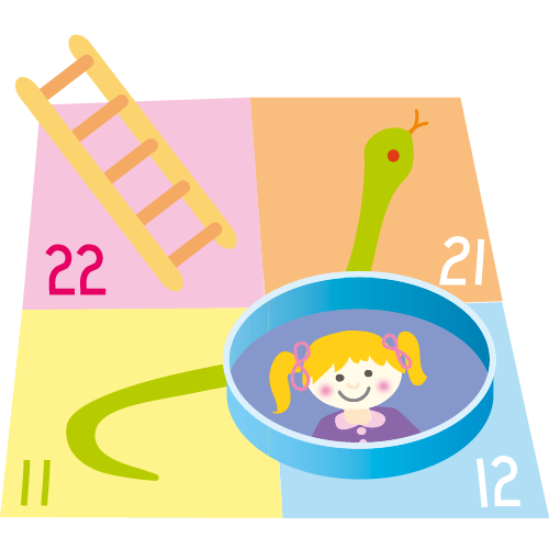 An illustration of part of a Snakes and Ladders board game with a counter made from a bottle top with the image of a girl in it.