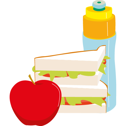 an apple, sandwiches, and a bottle of water