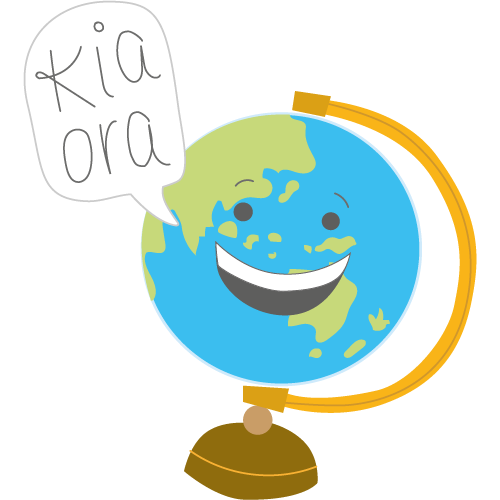 a cartoon globe saying kia ora