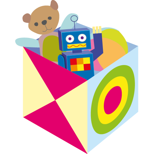 Toy box with teddy bear and robot toy inside