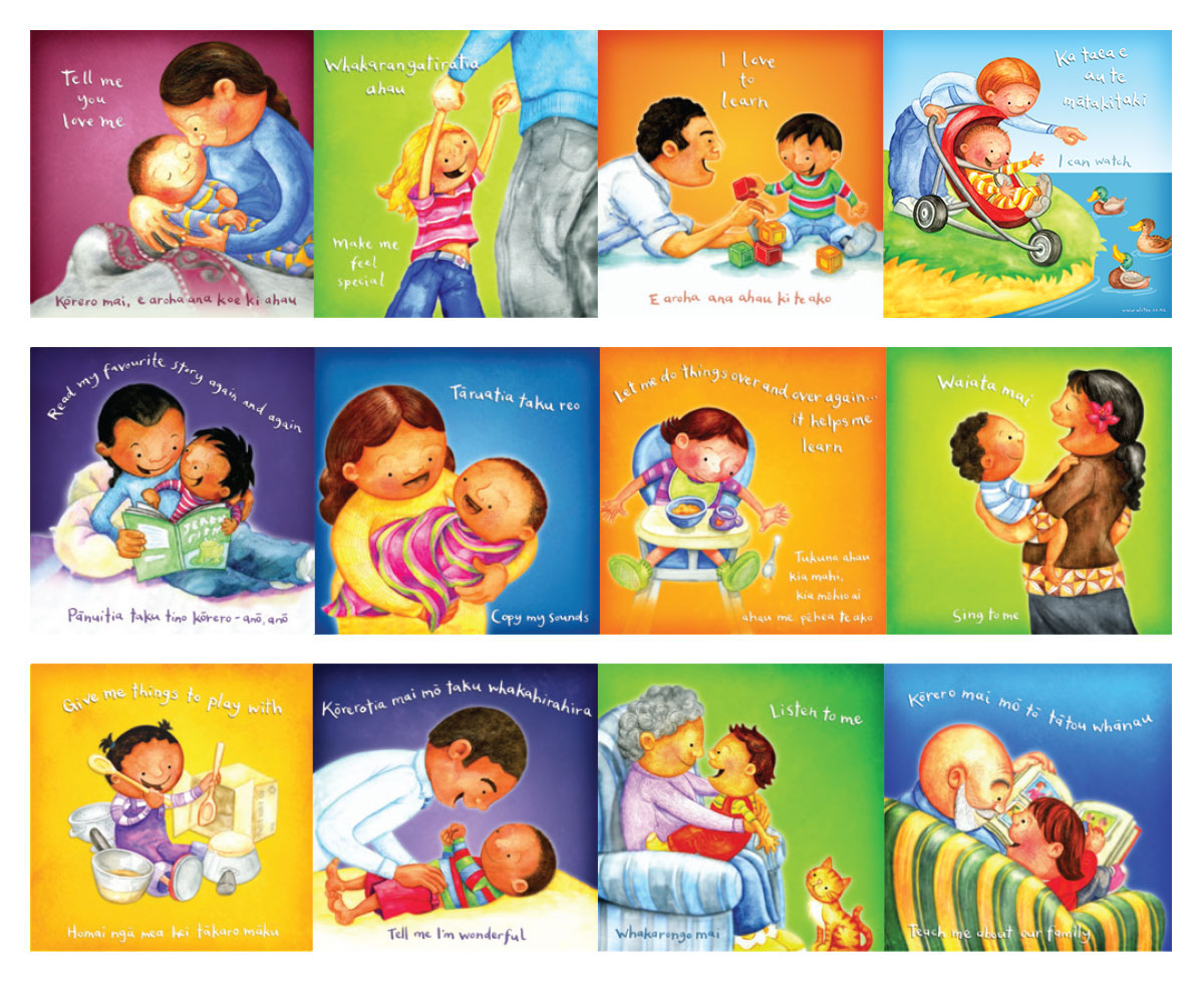The Tākai baby wall frieze – a collage of illustrations of family interacting with children.