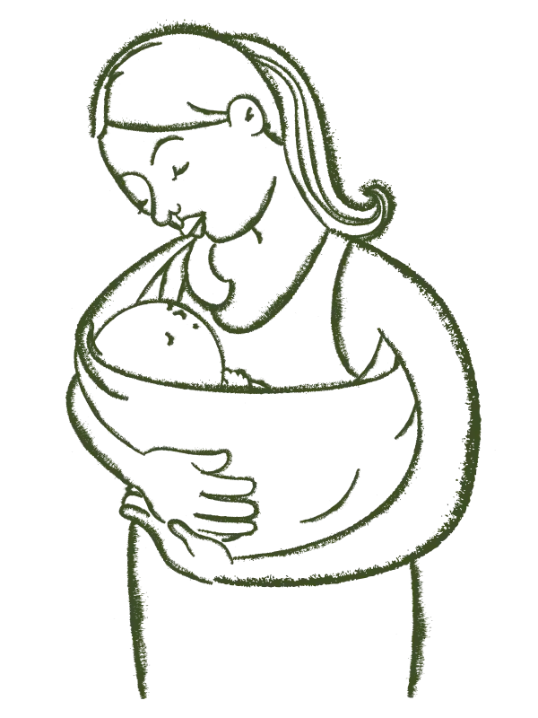 An illustration of woman looking down at an infant she is carrying snugly in a woven baby wrap. 