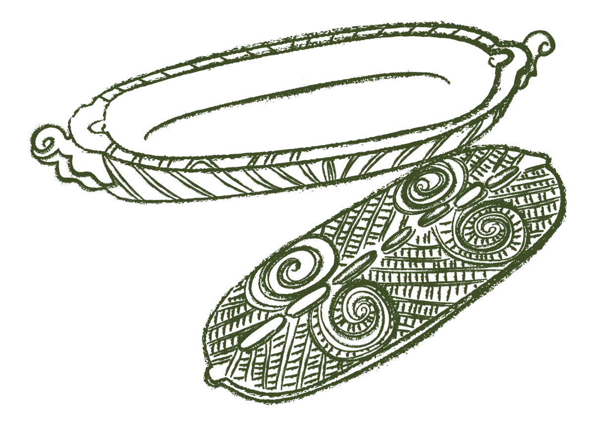 An illustration of a waka huia / a traditional Māori treasure container.  