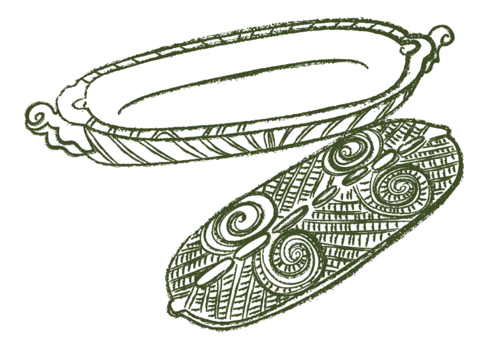 An illustration of a waka huia / a traditional Māori treasure container.  