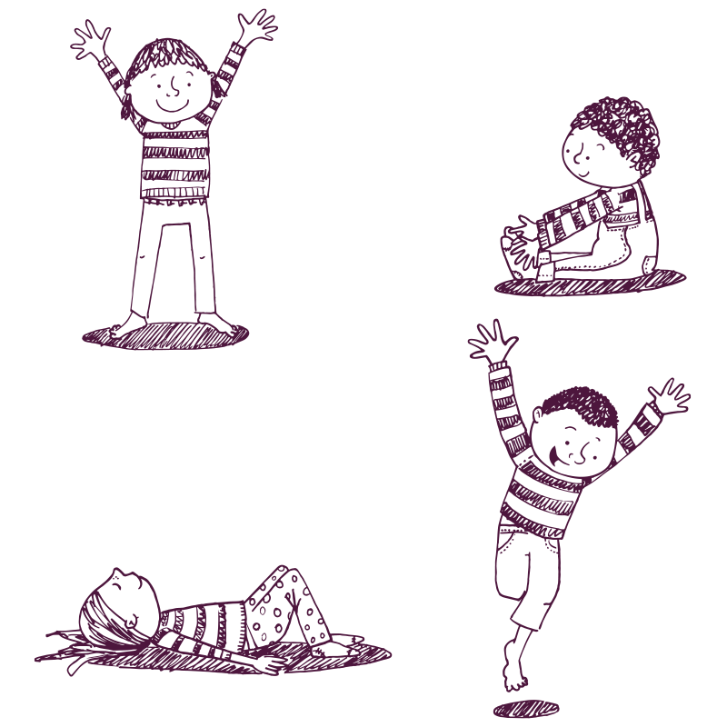 An illustration of two children in various exercise positions. 