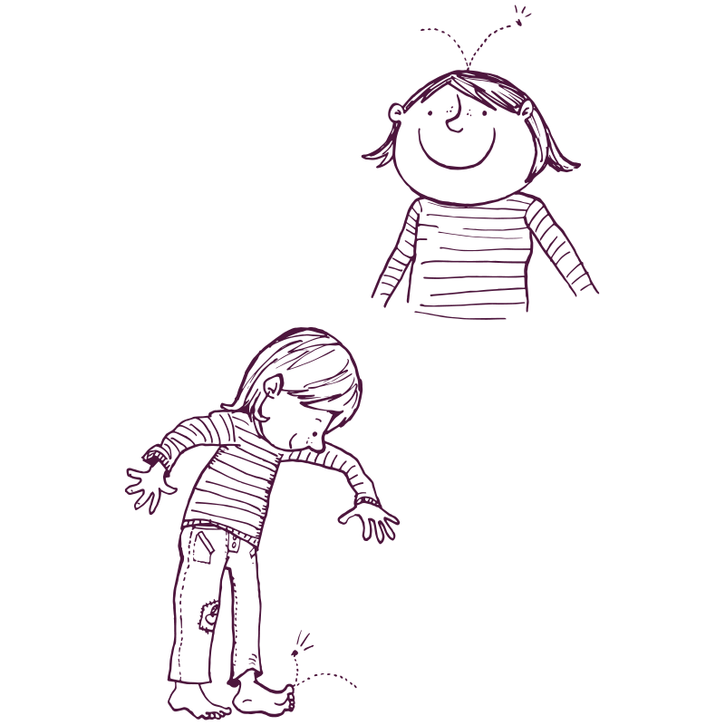 An illustration of two children. One has a flea jumping from their head, the other has a flea jumping from their toe.   