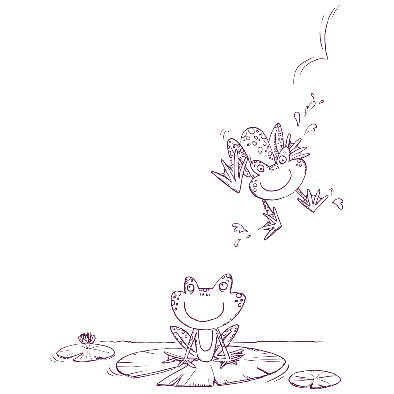 An illustration of two frogs, one is on a lily pad and the other one is jumping.  