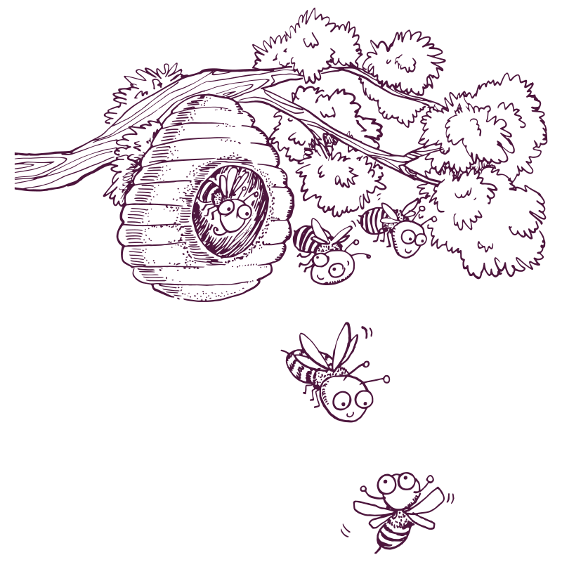 An illustration of a beehive on a branch, with bees flying from it. 