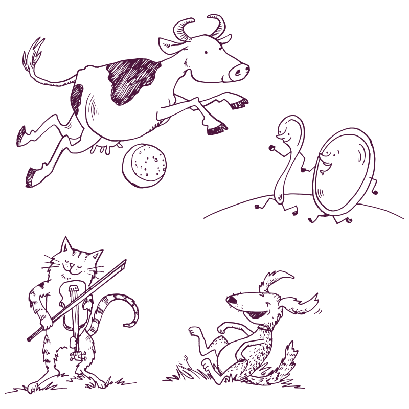 An illustration of a cow jumping over the moon, a cat playing a fiddle, a laughing dog, and a dish and spoon holding hands. 