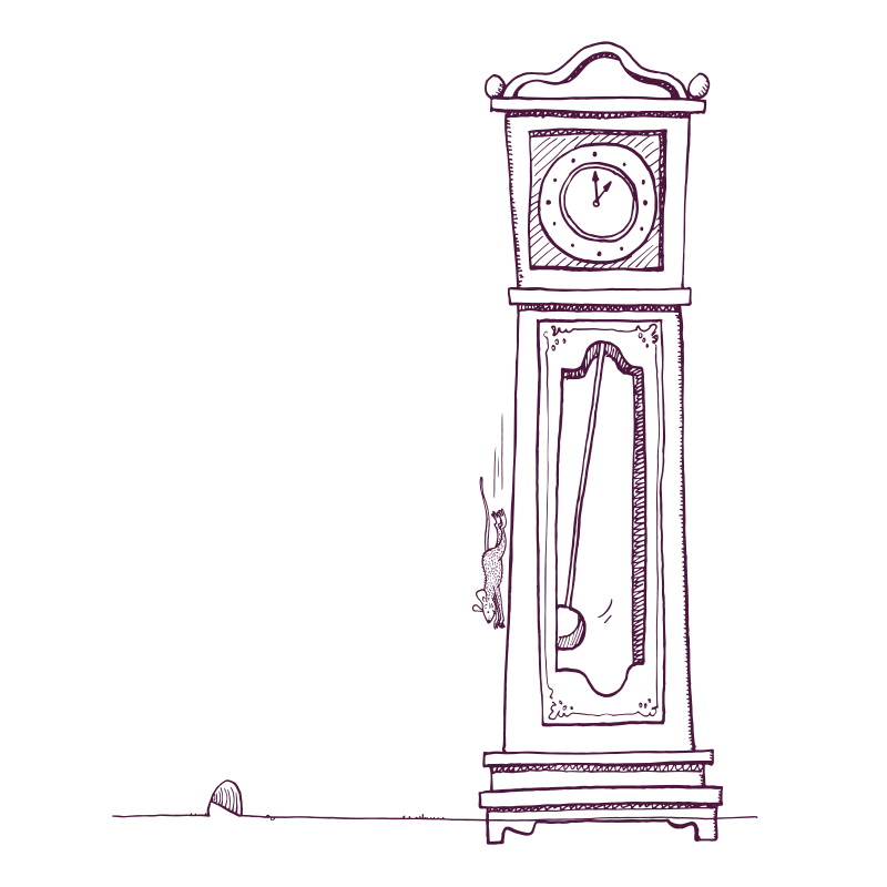 A grandfather clock with a mouse running down it and a mouse hole at the bottom of the wall next to it. 