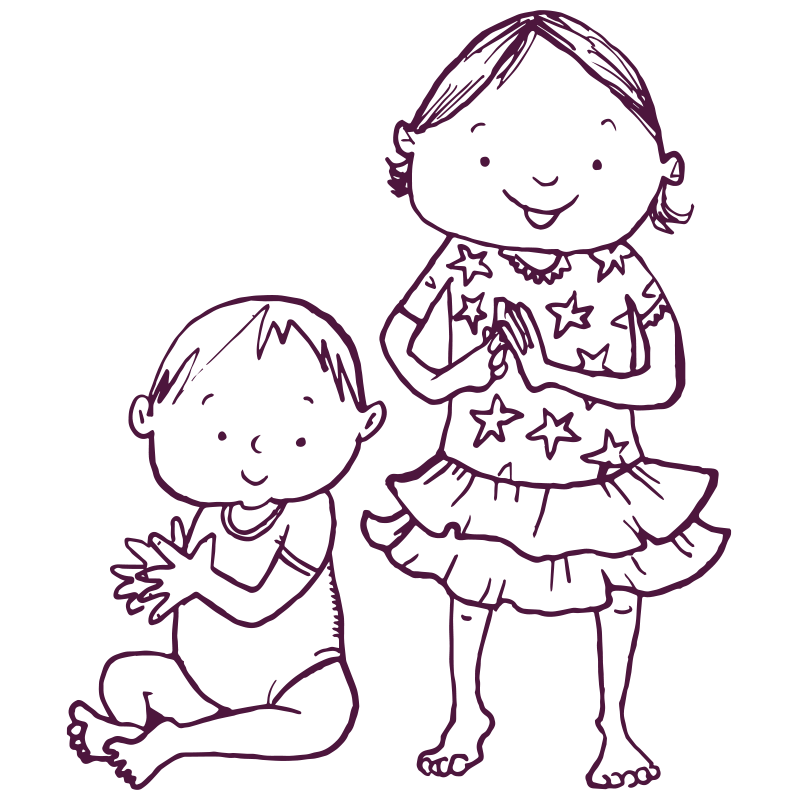 An illustration of a child standing and an infant sitting, both clapping hands.   