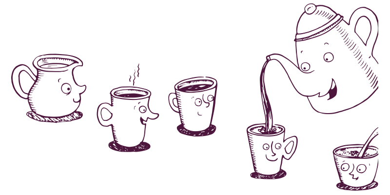 An illustration of a teapot and cups with faces on them. The teapot is pouring tea into one of the cups. 