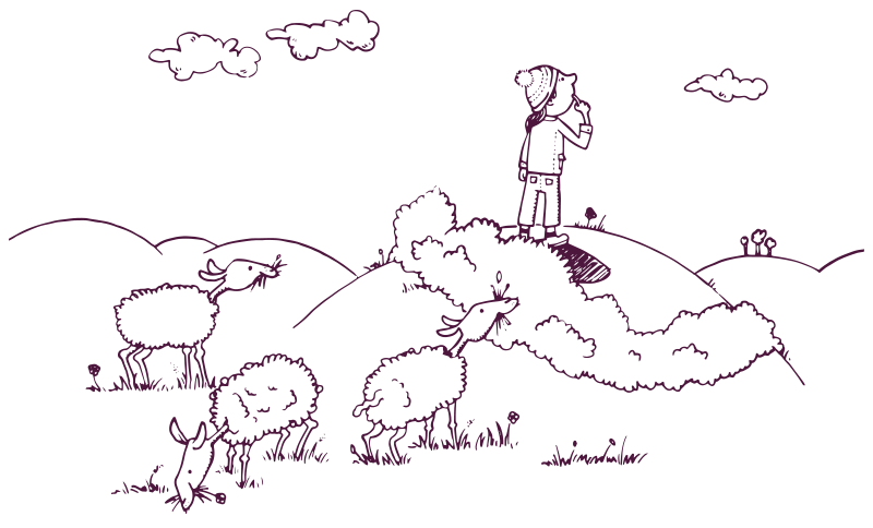 Little Bo Peep on a hill looking for their sheep which are grazing behind them. 