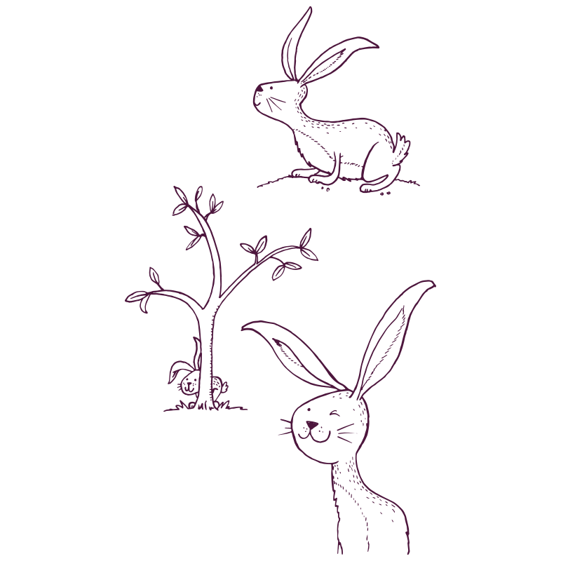 An illustration of three different drawings of a bunny, one of them is poking its head out from behind a tree. 