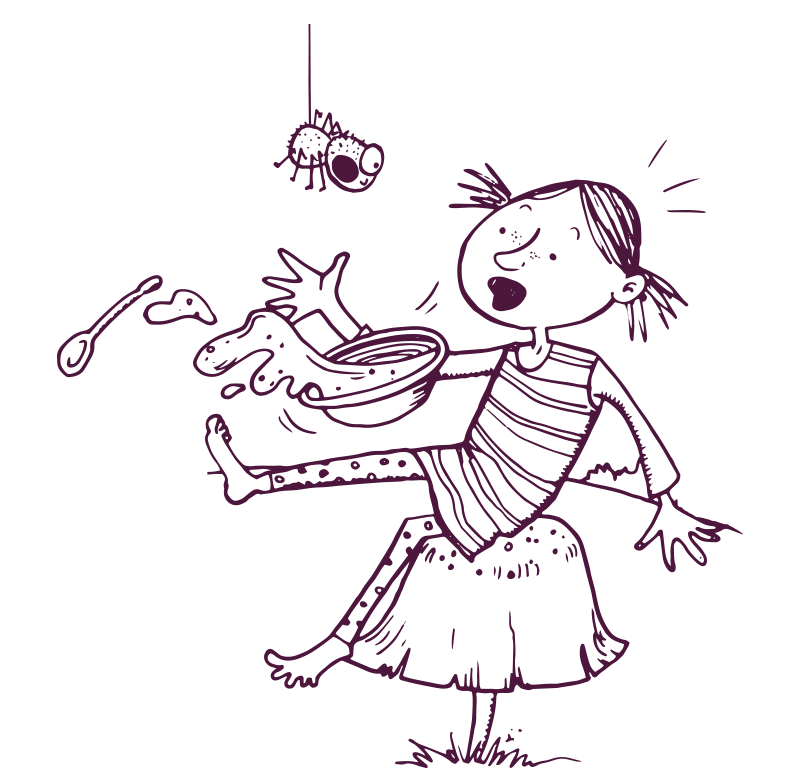 Little Miss Muffet sitting on a large mushroom looking fungus, dropping a bowl of food and a spoon, from the shock of seeing a spider dangling in front of her.