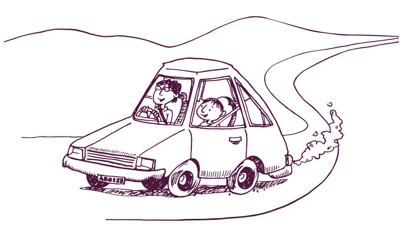 An cartoon illustration of an adult driving a car on an empty road with child in the passenger seat. 