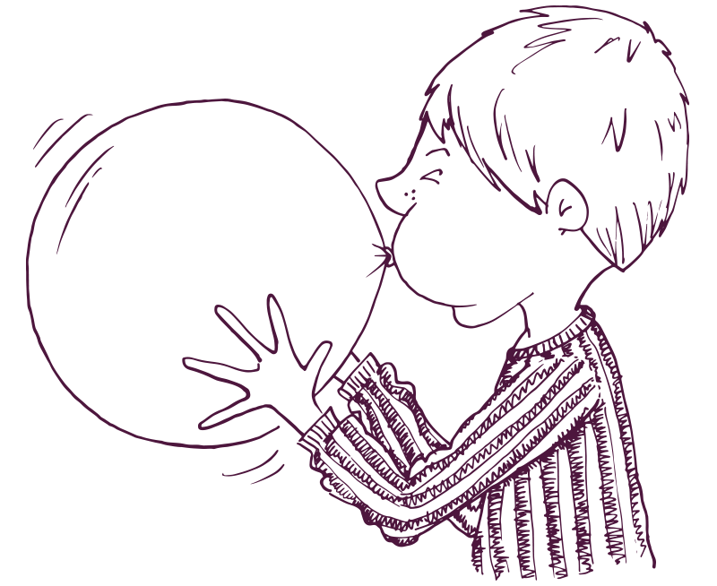 An illustration of a child blowing up a balloon. 