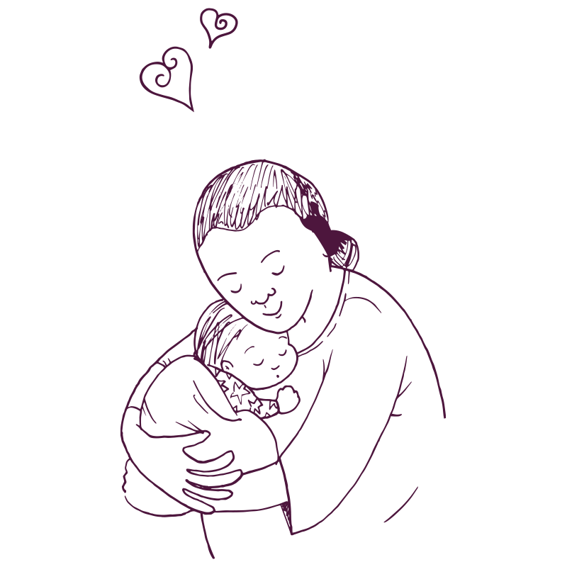 An illustration of an adult and a child having a cuddle, with two small hearts above them. 