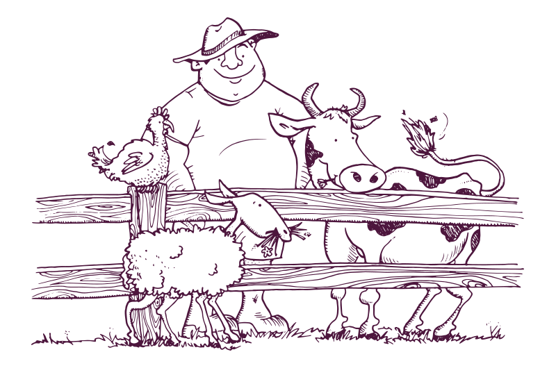 An illustration of Old MacDonald smiling by a fence, with a chicken, a sheep and a cow. 