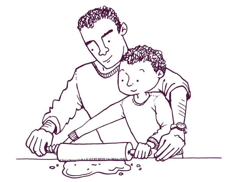 An adult and child both holding the same rolling pin, rolling some dough.  