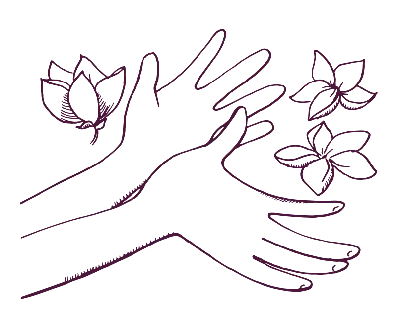 An illustration of two hands clapping with three flower heads surrounding them. 