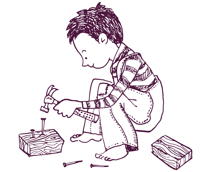 An illustration of a child sitting and hammering nails into a block of wood.  