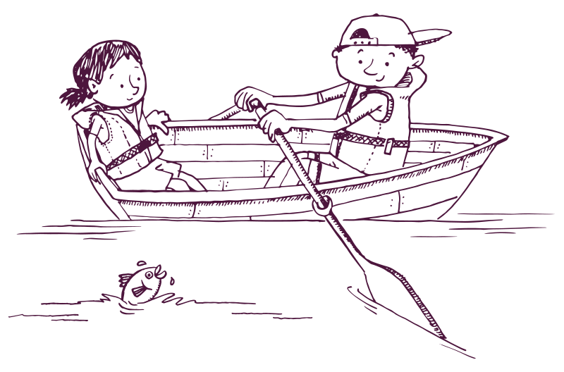 An illustration of two children wearing life jackets, in a small boat. One of the children is rowing, while looking at a fish bobbing up from the water.  