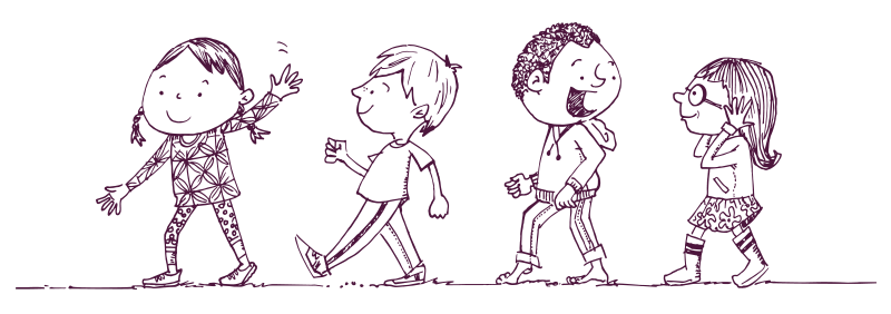 An illustration of four children walking in a line. 