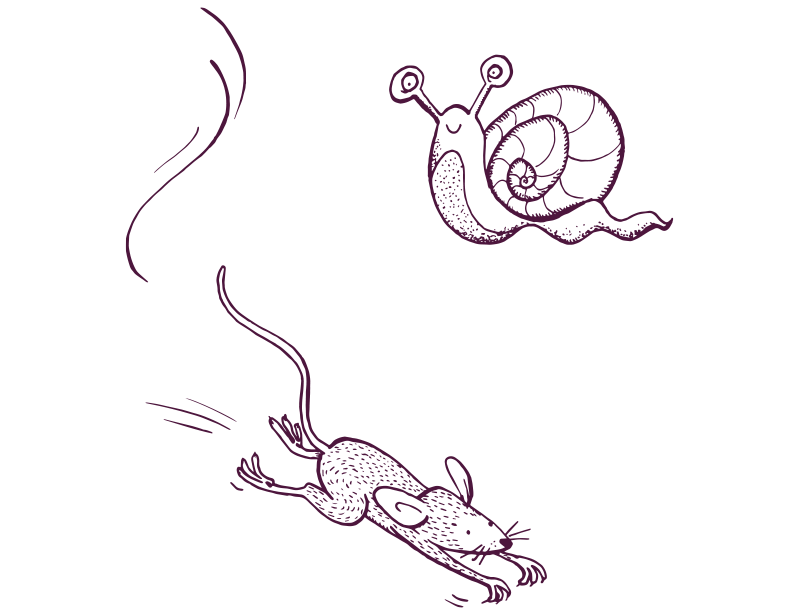 An illustration of a snail and a scurrying mouse. 