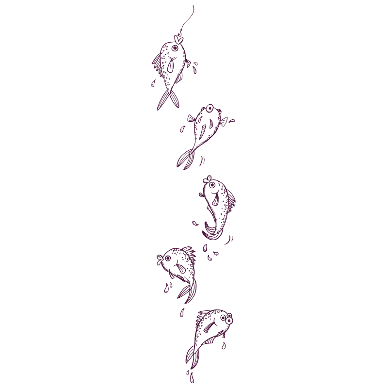 An illustration of five fish swimming upward. 