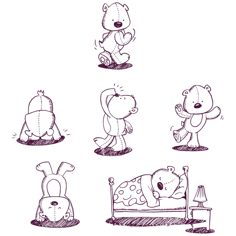 An illustration of a teddy bear, in five different positions, and asleep in a bed. 