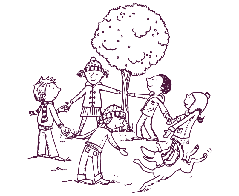 An illustration of five children holding hands around a mullberry bush and a dog who wants to join in. 