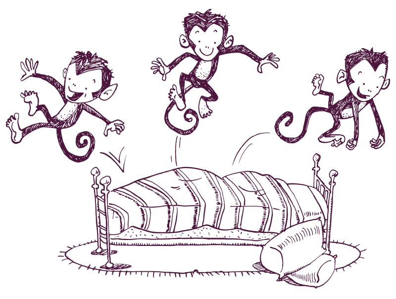 An illustration of three monkeys jumping on a bed. 