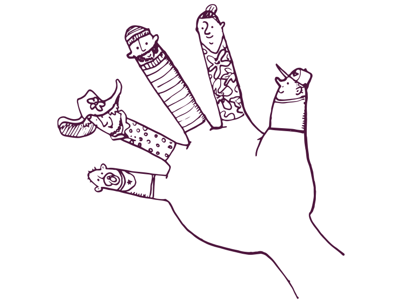 An illustration of a hand with finger puppets on it. 