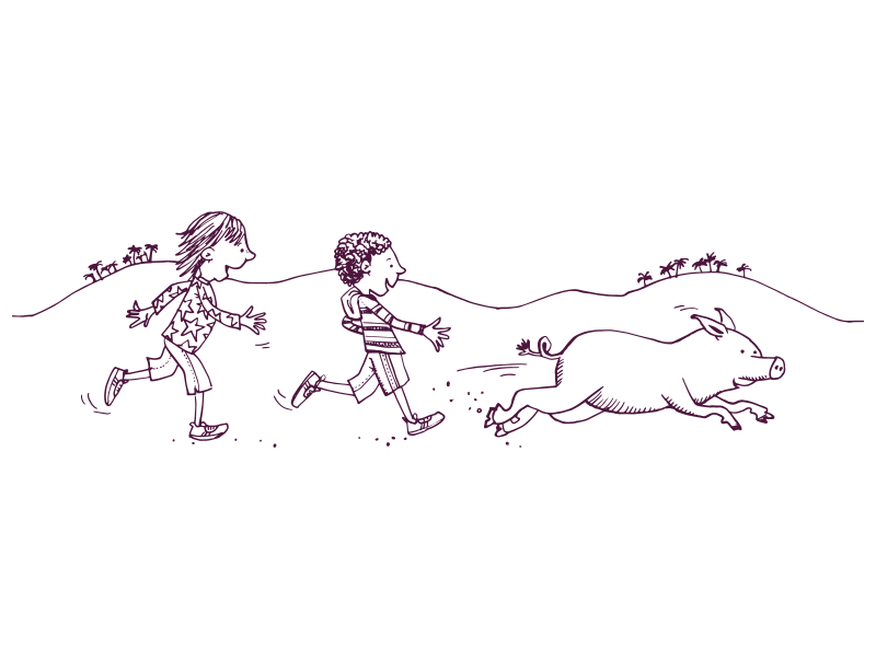 An illustration of two children chasing a pig. 