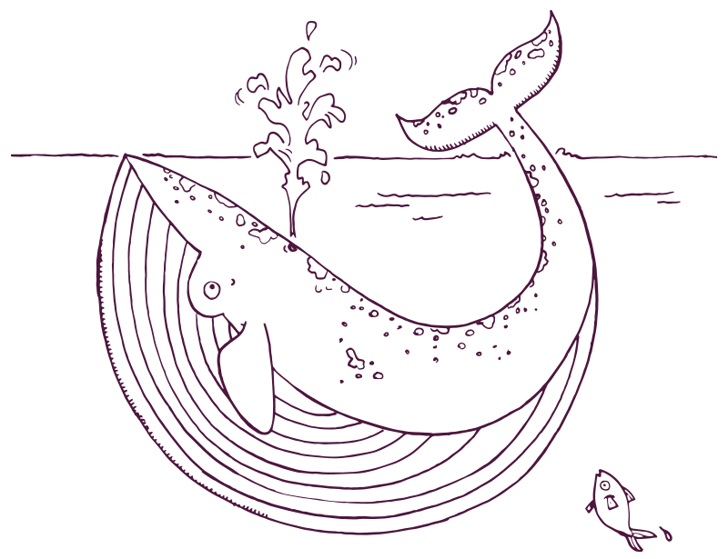 An illustration of a whale underwater, with its tail above the surface and spout blowing out of the water. A fish is looking on from below. 