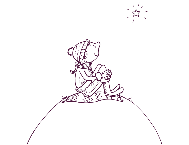 An illustration of a child sitting on a blanket looking up to a star.