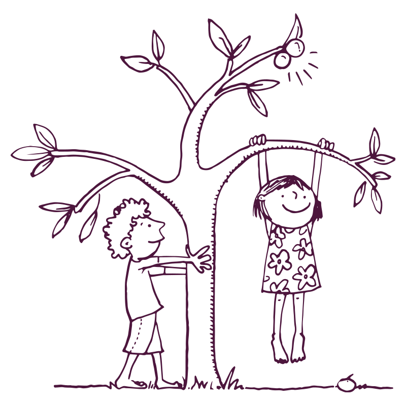 An illustration of two children and an apple tree. One is hanging from a branch and the other has their hands on the trunk. 