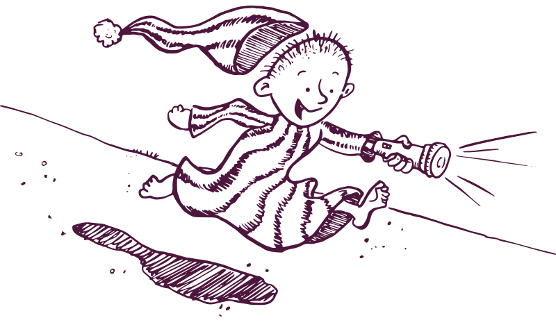 Wee Willie Winkie in pyjamas running barefoot with a torch. 